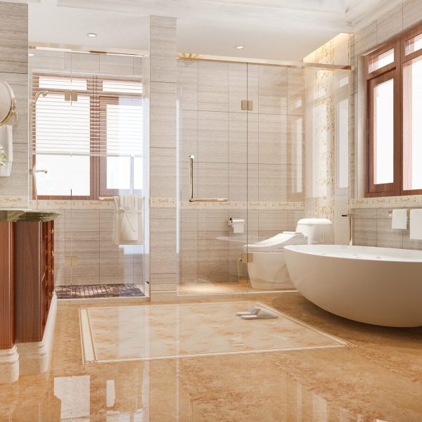 3d rendering classic modern bathroom with luxury tile decor