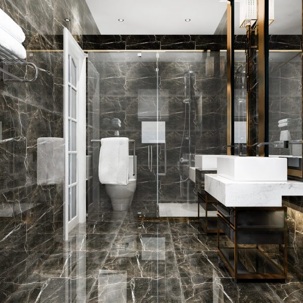 3d rendering modern black bathroom with luxury tile decor