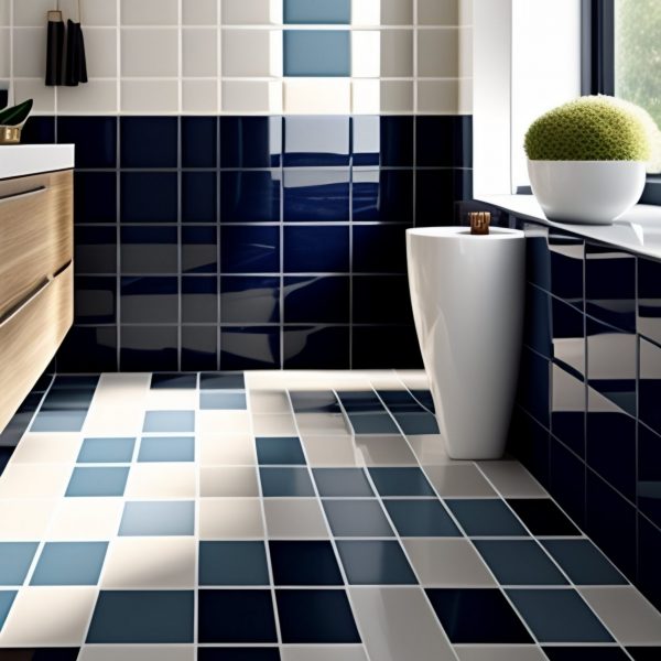 a bathroom with blue and white tiles on the floor, beautiful! coherent!, clean borders, official product image, chris bangle, navy-blue